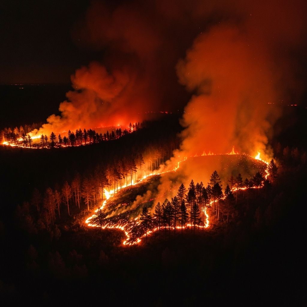 Massive wildfire spreading across mountains