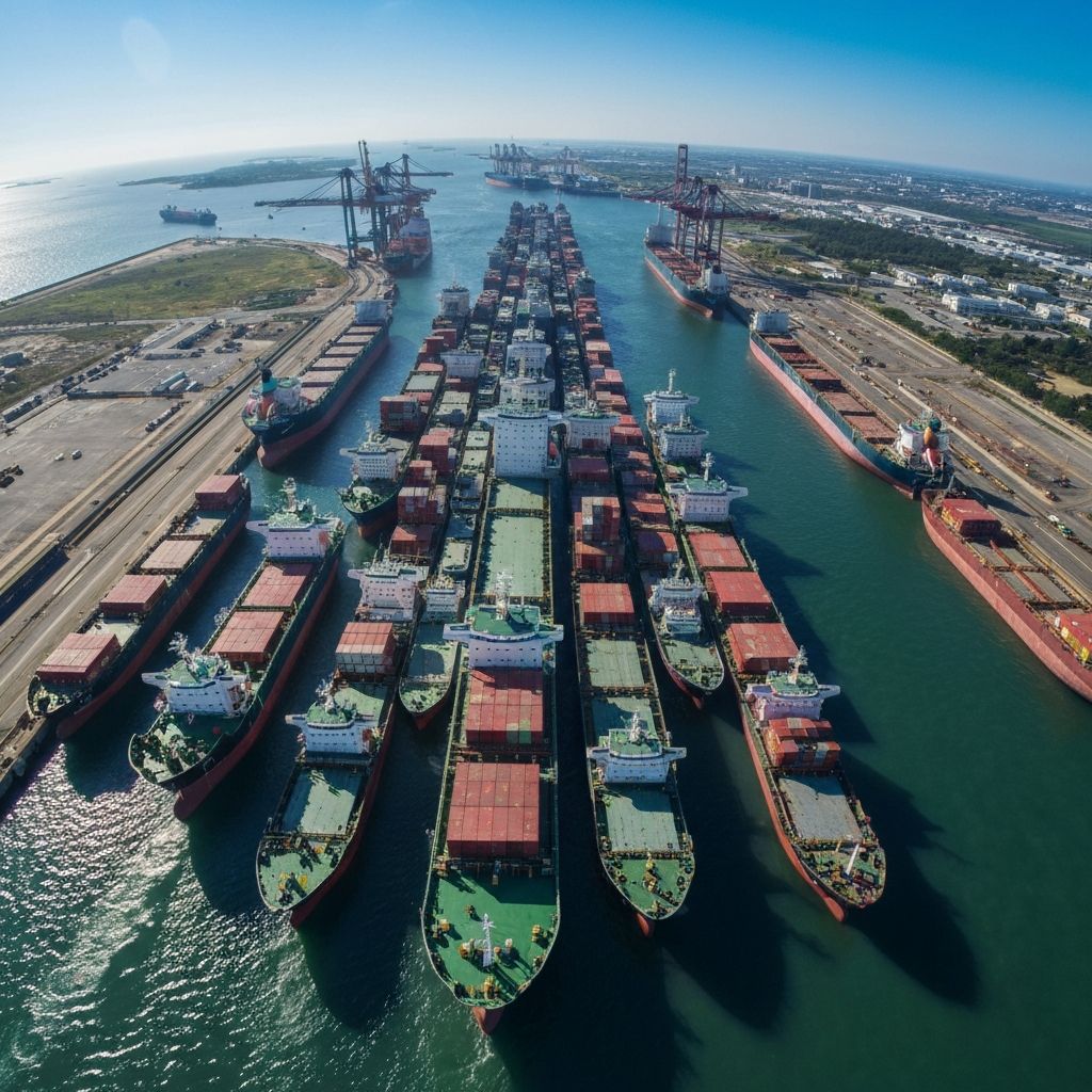 Collapsed shipping canal with cargo vessels